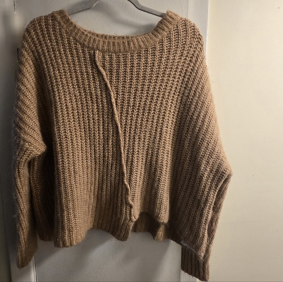 Zara Knit Alpaca Women's Oversized Tan Brown Asymmetrical Pullover Sweater - Picture 2 of 10